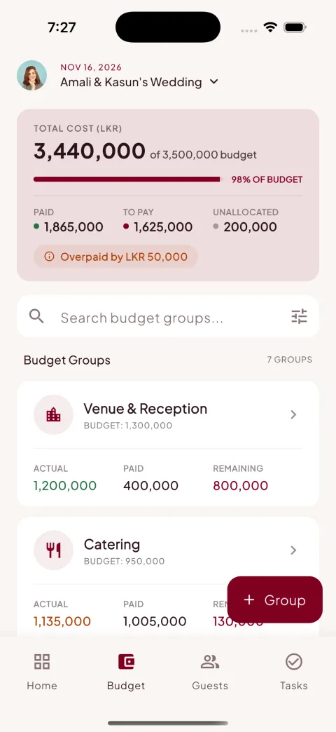 Wedding budget screen showing total cost against budget and budget groups in LKR