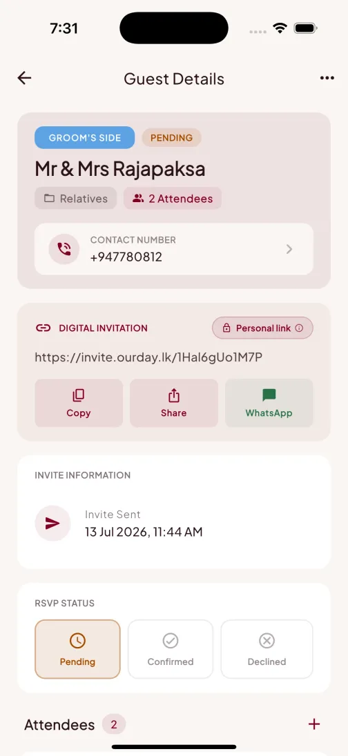 Guest details screen with personal digital invitation link and WhatsApp share button