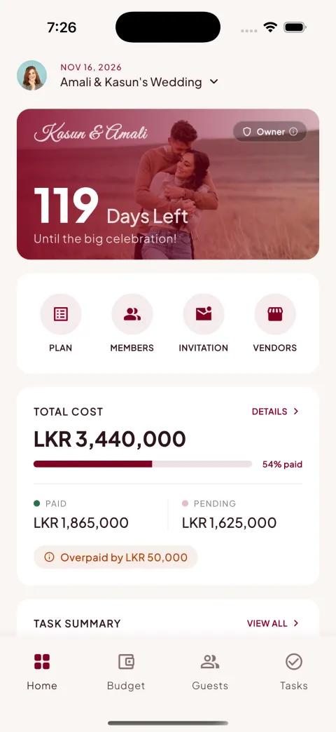 Our Day home screen with wedding countdown, total cost and quick actions