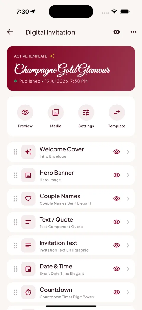 Digital invitation builder with the Champagne Gold Glamour template