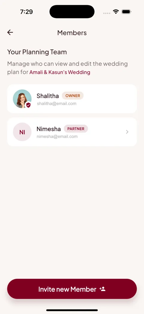 Planning team screen with owner and partner members