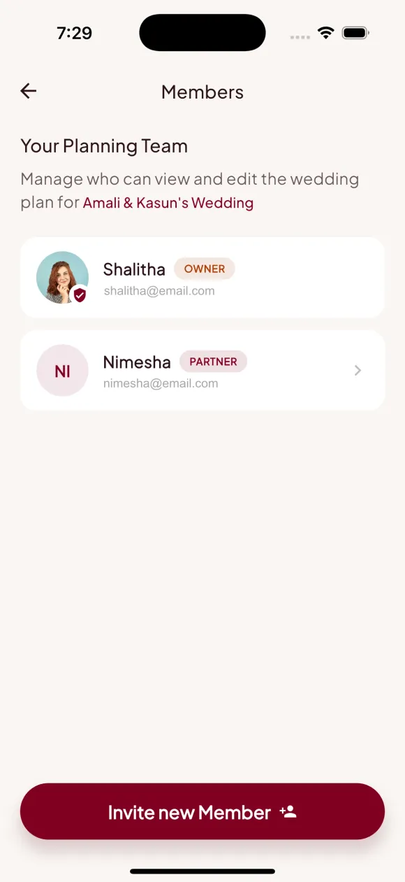 Planning team screen showing the owner and a partner member with roles
