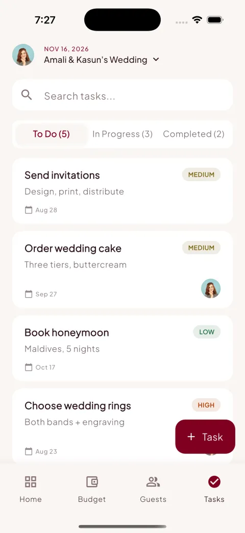 Task list with priorities, due dates and assignees