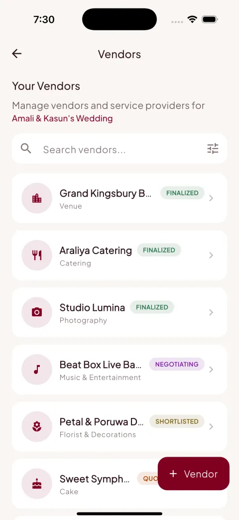 Vendor list showing venue, catering and photography vendors with statuses